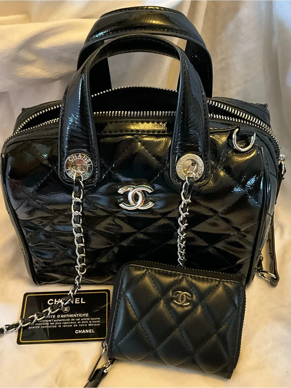 Designer Fashioned Black Quilted Patent Leather Satchel with Chain Strap